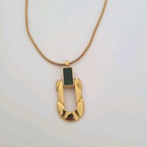 D'Orlan Gold Plated Necklace with Large Green Pedant 15” Chain Chocker Quality